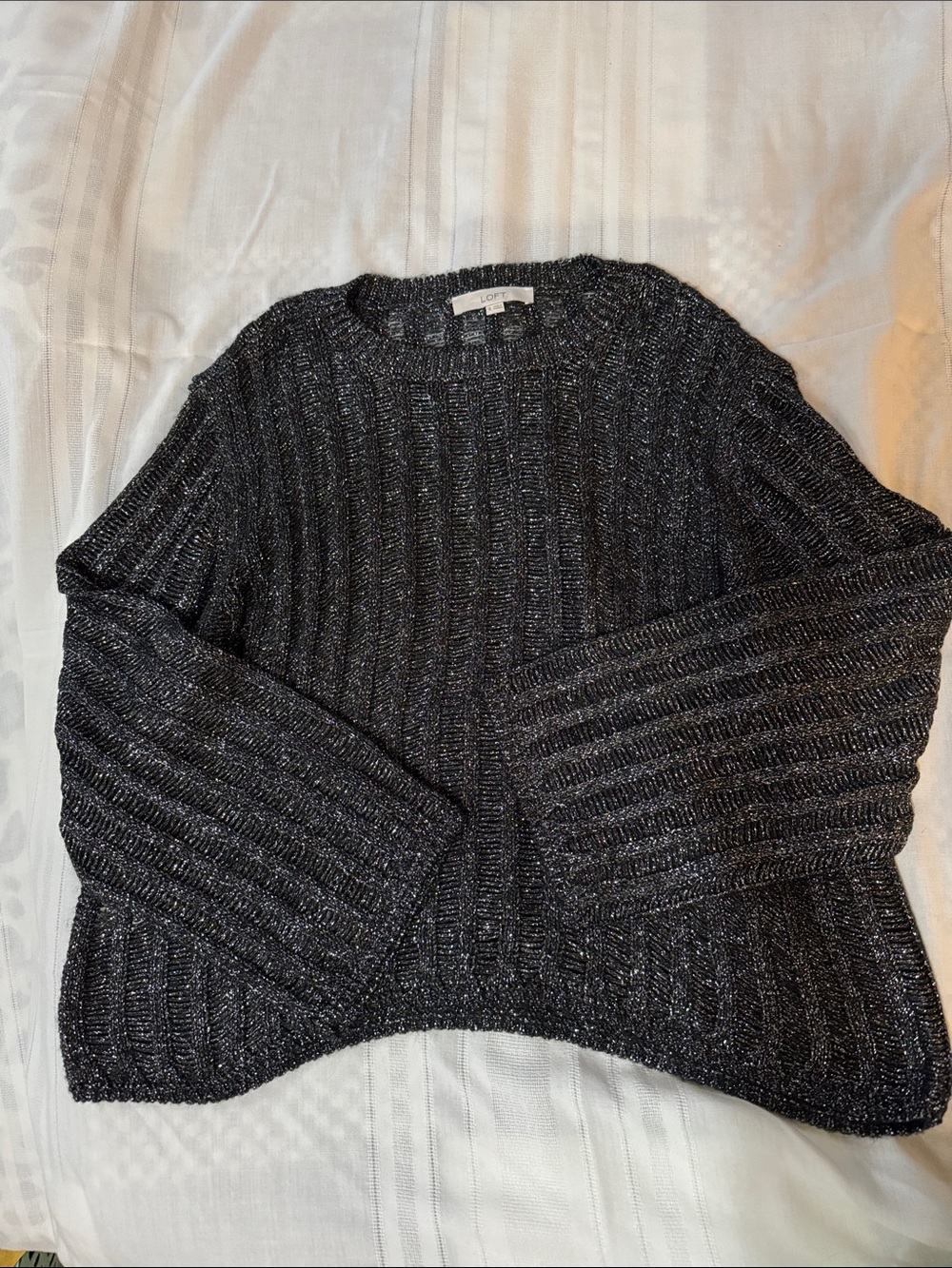 LOFT Metallic Black Ribbed Crewneck Sweater